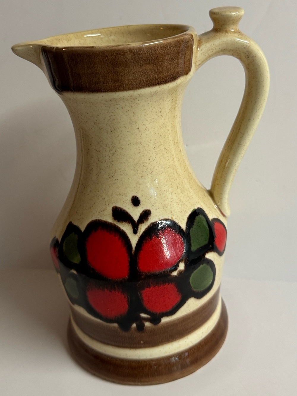 Vintage 70s West Germany Hand-Painted Ceramic Pitcher in Cream Brown Red Green